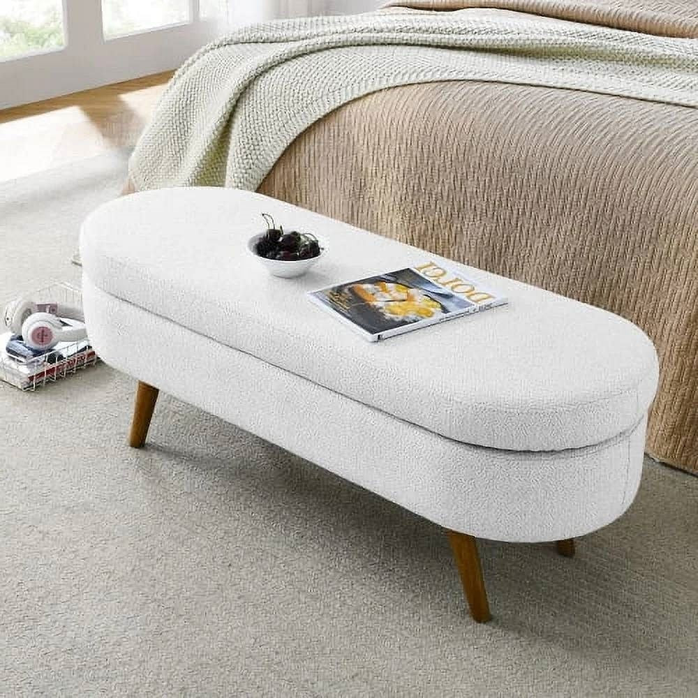 Mid-Century Modern Boho Style White Linen End of Bed Storage Bench-1