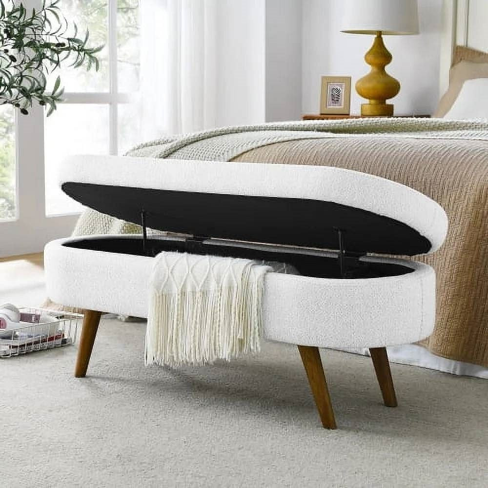 Mid-Century Modern Boho Style White Linen End of Bed Storage Bench-2