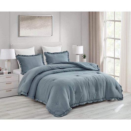 Queen Oversized Blue Ruffled Edge Microfiber Comforter Set-0
