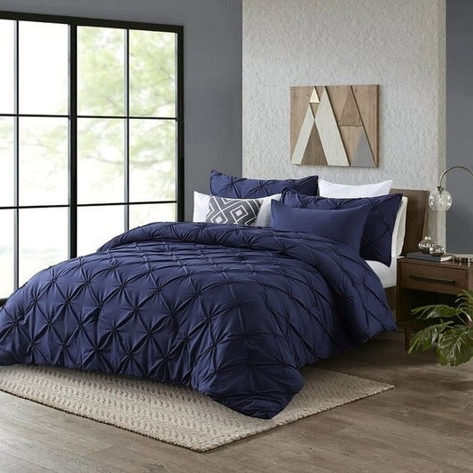 King Size All Season Pleated Hypoallergenic Microfiber Reversible 3 Piece Comforter Set in Navy-0