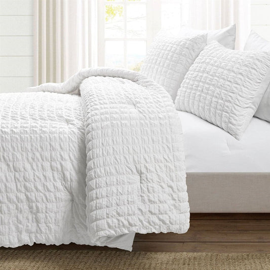 Full/Queen Crinkled Texture Microfiber 3 Piece Comforter Set White-0