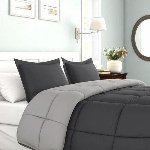 Full/Queen Traditional Microfiber Reversible 3 Piece Comforter Set in Grey-0