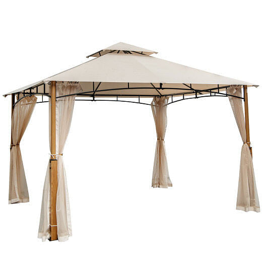 12 x 10 Feet Outdoor Patio Gazebo with Netting and 2-Tier Canopy Roof-Beige-0