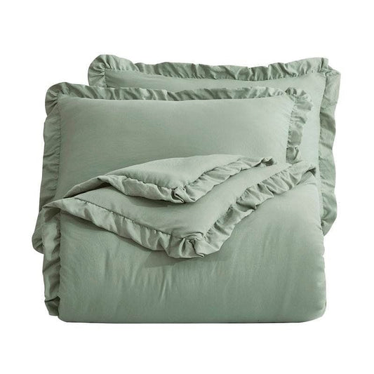 Oversized Queen Sage Microfiber 3-Piece Comforter Set with Ruffled Edge Trim-0