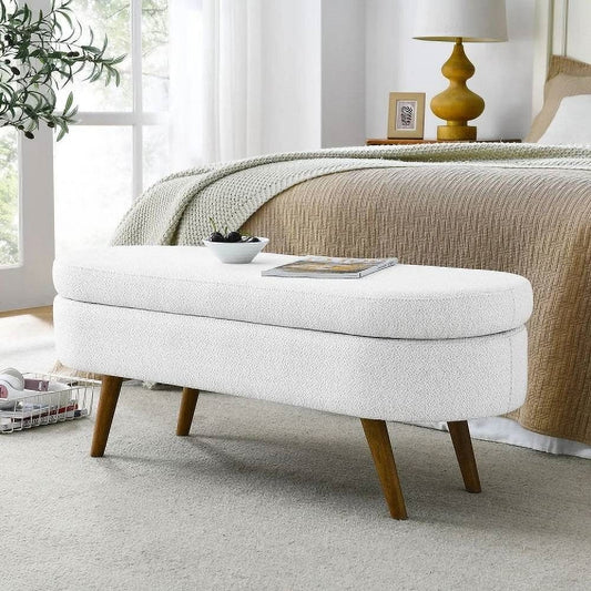 Mid-Century Modern Boho Style White Linen End of Bed Storage Bench-0